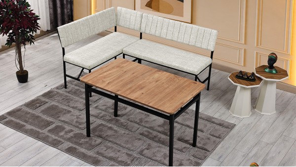 Melody 110x155 Mutfak Köşe Bench Bank Masa Takımı 2 İkili Bench 2 Sandalye 70x110 Ceviz Masa Krem