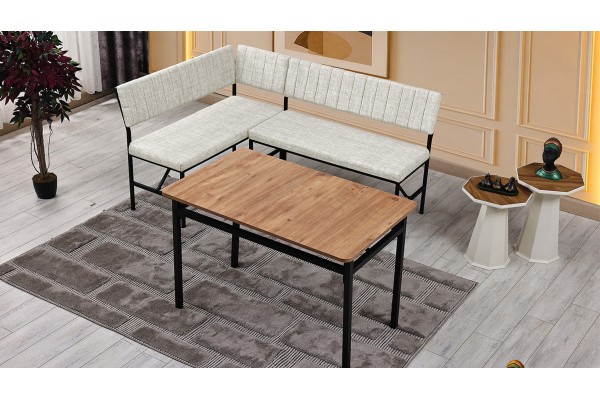 Melody 110x155 Mutfak Köşe Bench Bank Masa Takımı 2 İkili Bench 2 Sandalye 70x110 Ceviz Masa Krem