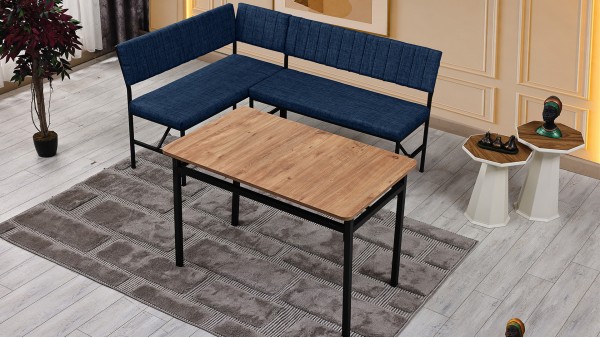 Melody 110x155 Mutfak Köşe Bench Bank Masa Takımı 2 İkili Bench 2 Sandalye 70x110 Ceviz Masa Lacivert