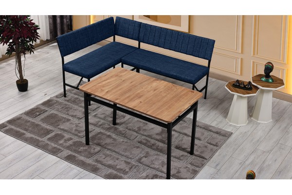 Melody 110x155 Mutfak Köşe Bench Bank Masa Takımı 2 İkili Bench 2 Sandalye 70x110 Ceviz Masa Lacivert