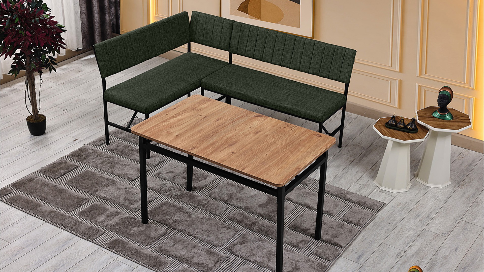 Melody 110x155 Mutfak Köşe Bench Bank Masa Takımı 2 İkili Bench 2 Sandalye 70x110 Ceviz Masa Yeşil
