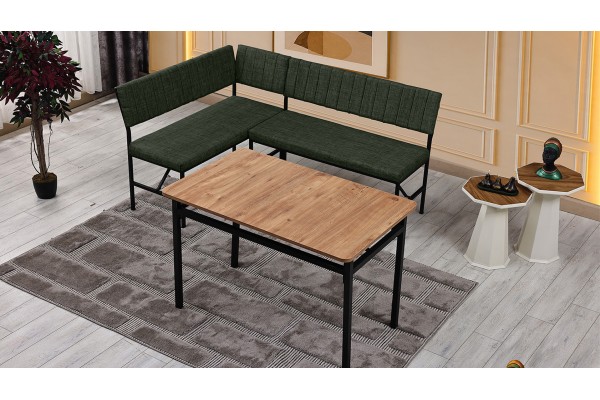 Melody 110x155 Mutfak Köşe Bench Bank Masa Takımı 2 İkili Bench 2 Sandalye 70x110 Ceviz Masa Yeşil