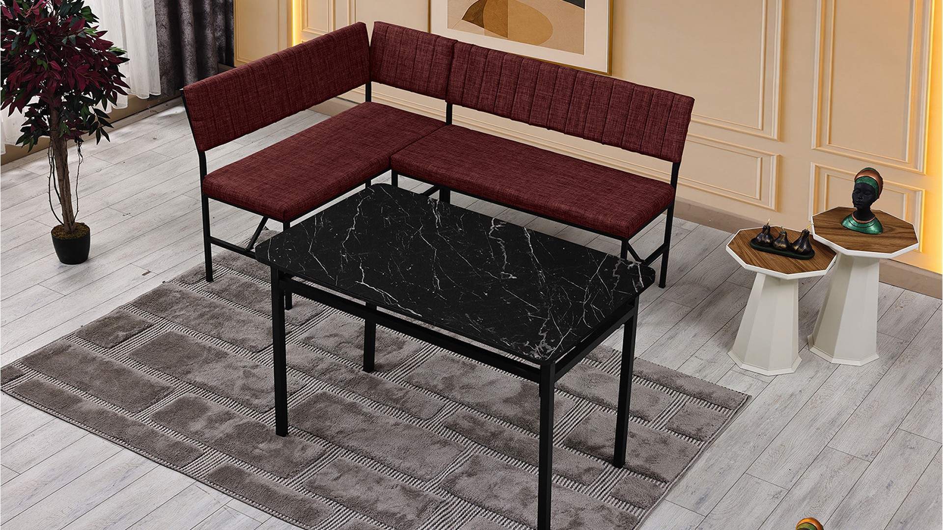 Melody 110x155 Mutfak Köşe Bench Bank Masa Takımı 2 İkili Bench 2 Sandalye 70x110 Siyah Mermer Desen Bordo
