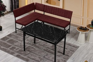 Melody 110x155 Mutfak Köşe Bench Bank Masa Takımı 2 İkili Bench 2 Sandalye 70x110 Siyah Mermer Desen Bordo