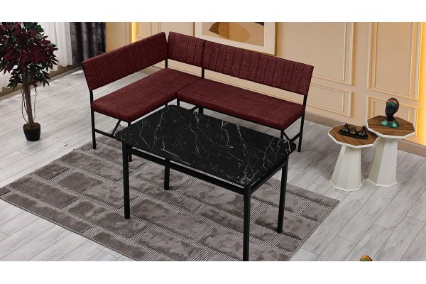 Melody 110x155 Mutfak Köşe Bench Bank Masa Takımı 2 İkili Bench 2 Sandalye 70x110 Siyah Mermer Desen Bordo