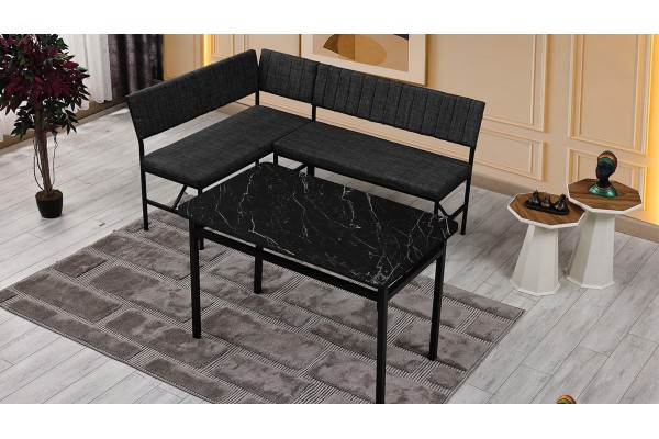 Melody 110x155 Mutfak Köşe Bench Bank Masa Takımı 2 İkili Bench 2 Sandalye 70x110 Siyah Mermer Desen Antrasit