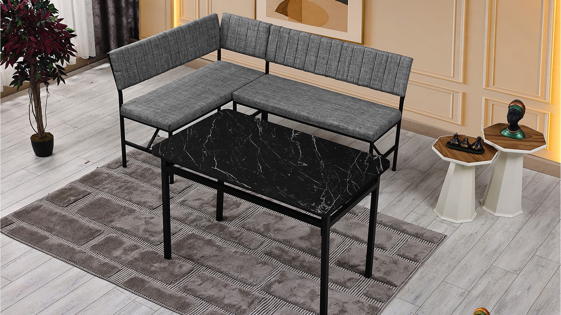 Melody 110x155 Mutfak Köşe Bank Masa Takımı 2 Adet Ayrılabilir İkili Bench 70x110 Siyah Mermer Desen Gri