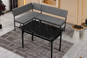 Melody 110x155 Mutfak Köşe Bank Masa Takımı 2 Adet Ayrılabilir İkili Bench 70x110 Siyah Mermer Desen Gri