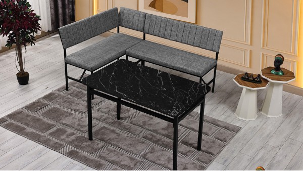 Melody 110x155 Mutfak Köşe Bench Bank Masa Takımı 2 İkili Bench 2 Sandalye 70x110 Siyah Mermer Desen Gri