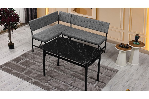 Melody 110x155 Mutfak Köşe Bench Bank Masa Takımı 2 İkili Bench 2 Sandalye 70x110 Siyah Mermer Desen Gri