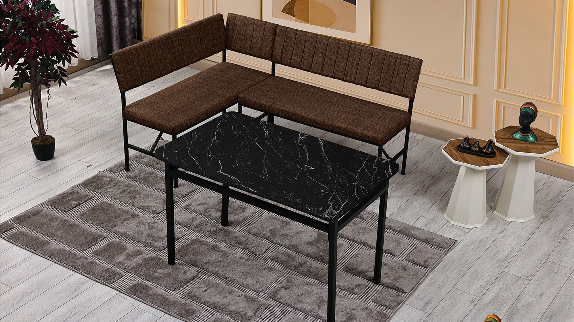 Melody 110x155 Mutfak Köşe Bank Masa Takımı 2 Adet Ayrılabilir İkili Bench 70x110 Siyah Mermer Desen Kahve
