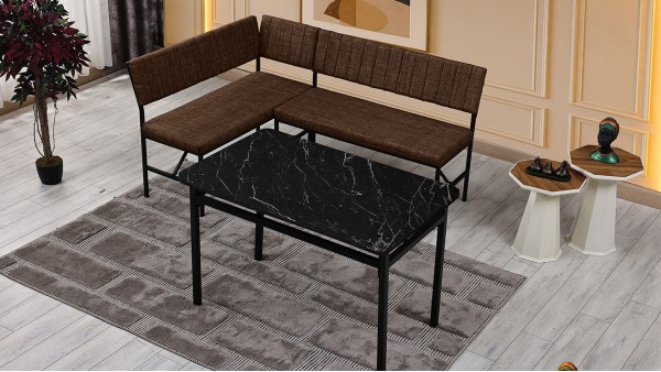 Melody 110x155 Mutfak Köşe Bench Bank Masa Takımı 2 İkili Bench 2 Sandalye 70x110 Siyah Mermer Desen Kahve