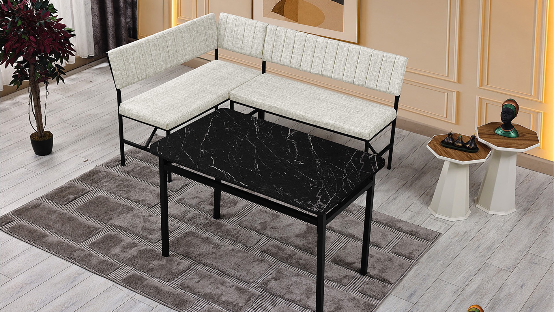 Melody 110x155 Mutfak Köşe Bench Bank Masa Takımı 2 İkili Bench 2 Sandalye 70x110 Siyah Mermer Desen Krem