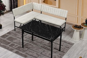 Melody 110x155 Mutfak Köşe Bench Bank Masa Takımı 2 İkili Bench 2 Sandalye 70x110 Siyah Mermer Desen Krem