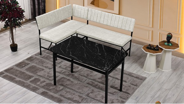 Melody 110x155 Mutfak Köşe Bench Bank Masa Takımı 2 İkili Bench 2 Sandalye 70x110 Siyah Mermer Desen Krem