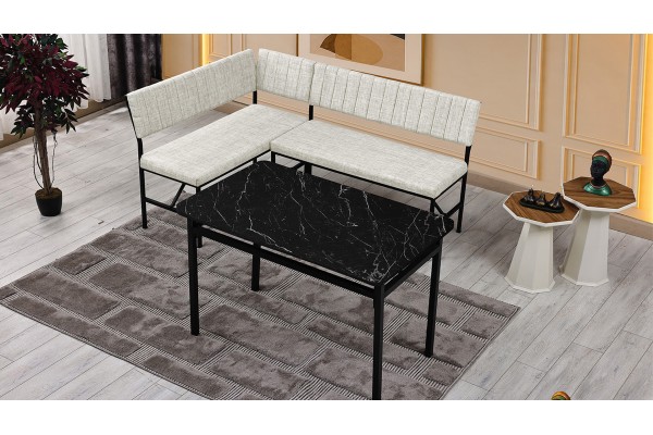 Melody 110x155 Mutfak Köşe Bench Bank Masa Takımı 2 İkili Bench 2 Sandalye 70x110 Siyah Mermer Desen Krem