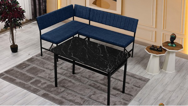 Melody 110x155 Mutfak Köşe Bench Bank Masa Takımı 2 İkili Bench 2 Sandalye 70x110 Siyah Mermer Desen Lacivert