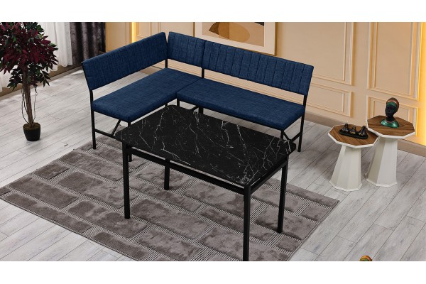 Melody 110x155 Mutfak Köşe Bank Masa Takımı 2 Adet Ayrılabilir İkili Bench 70x110 Siyah Mermer Desen Lacivert