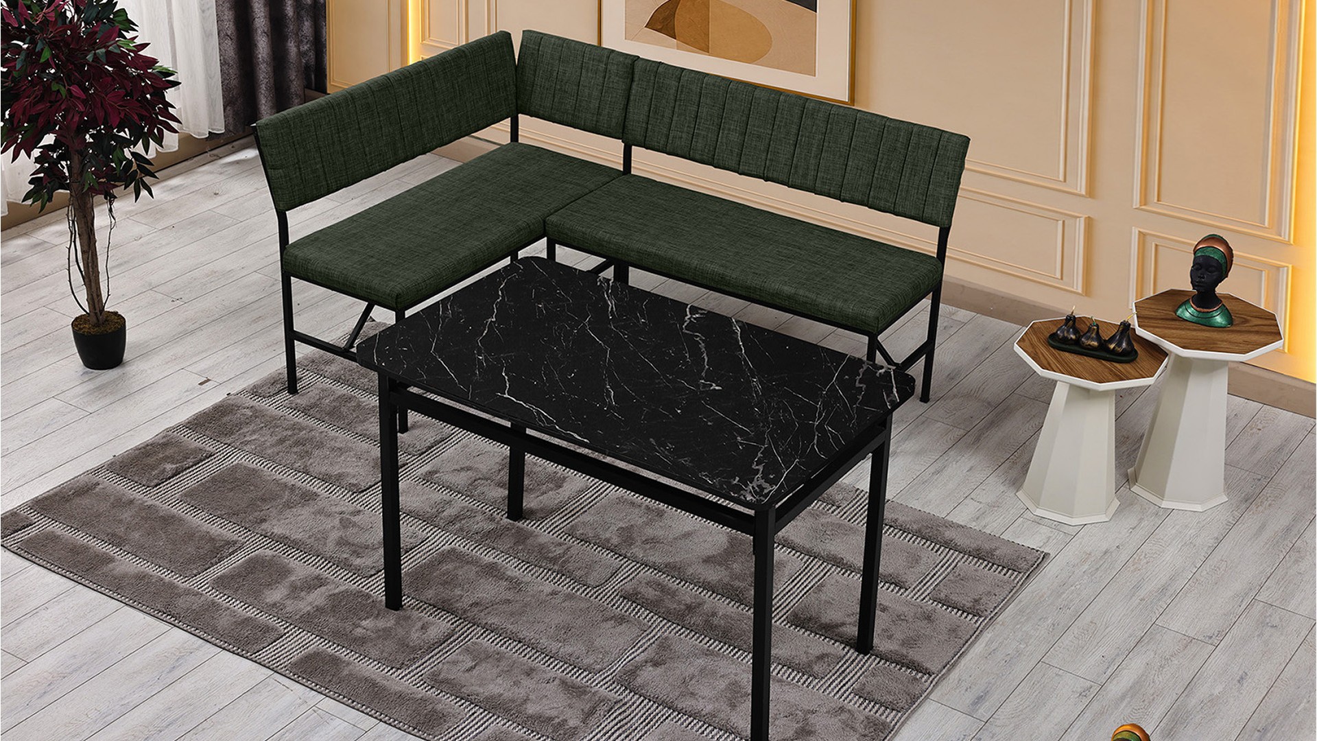Melody 110x155 Mutfak Köşe Bank Masa Takımı 2 Adet Ayrılabilir İkili Bench 70x110 Siyah Mermer Desen Yeşil