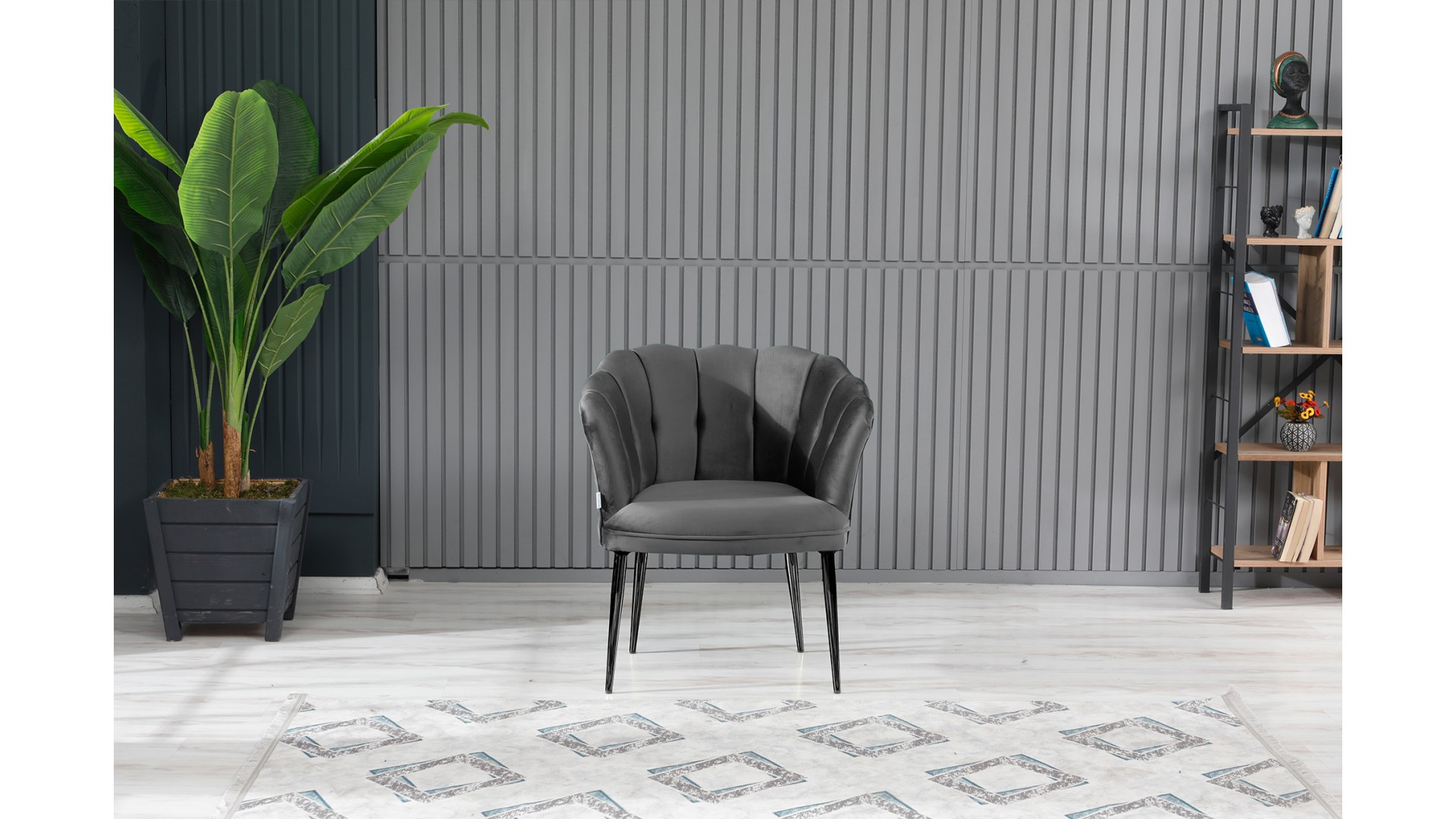 Papatya Çay Seti Koltuk Takımı Babyface Kumaş Siyah Metal Ayak Füme