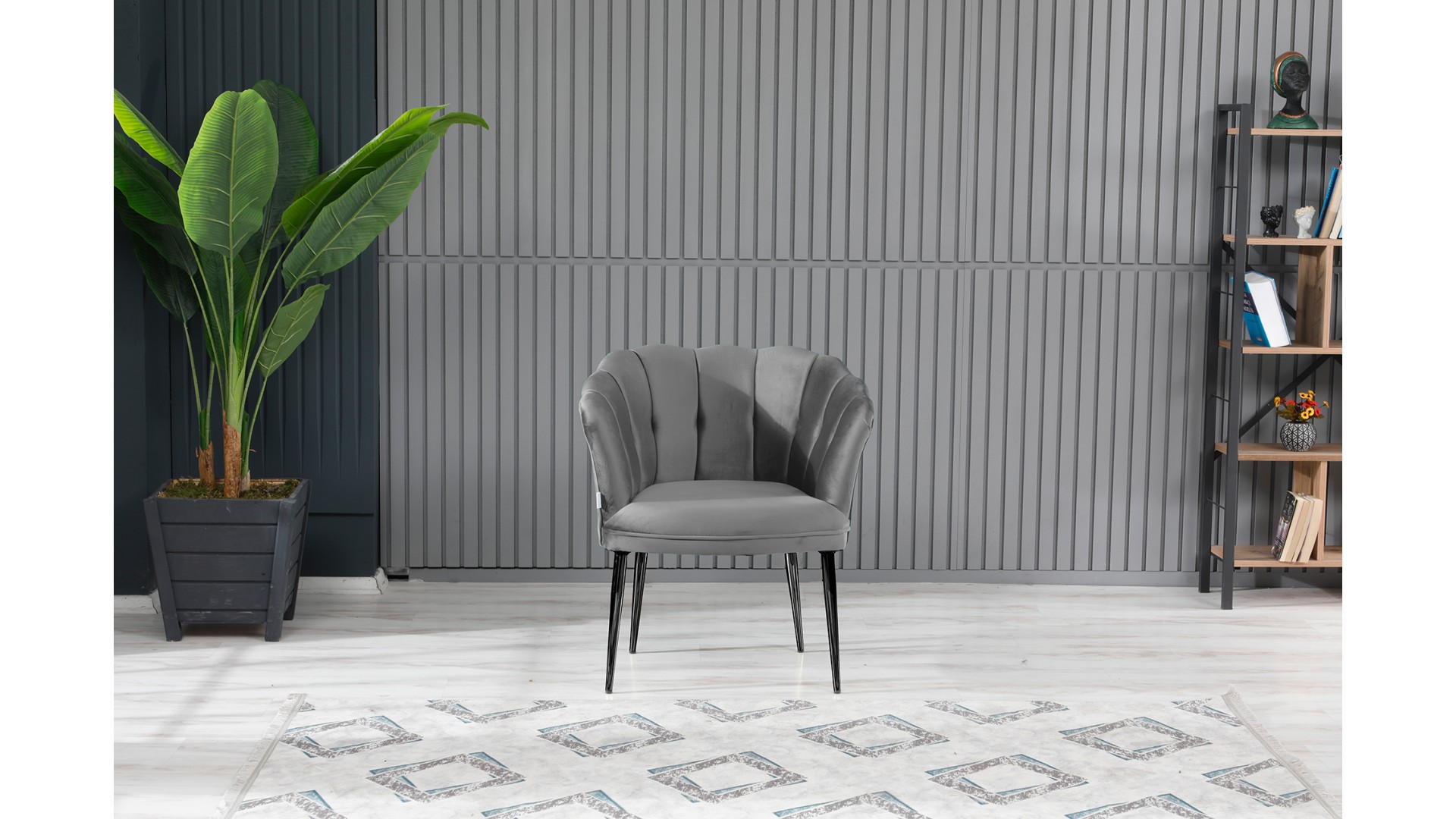 Papatya Tekli Berjer Babyface Kumaş  Siyah Metal Ayak Gri