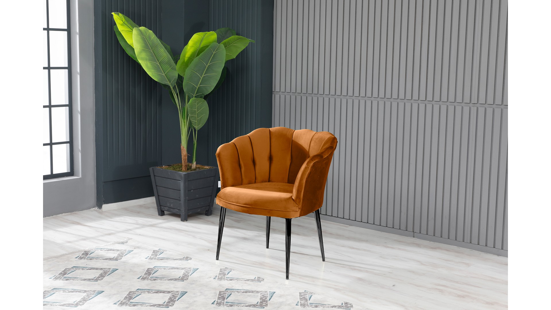 Papatya Çay Seti Koltuk Takımı Babyface Kumaş Siyah Metal Ayak Kiremit