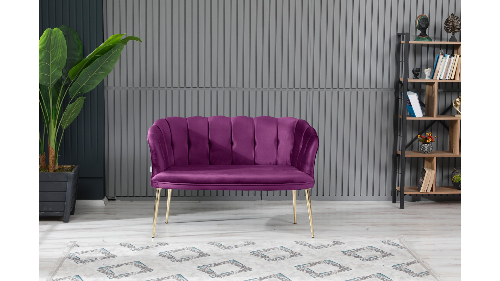 Papatya Çay Seti Koltuk Takımı Babyface Kumaş Gold Kaplama Metal Ayak Mürdüm