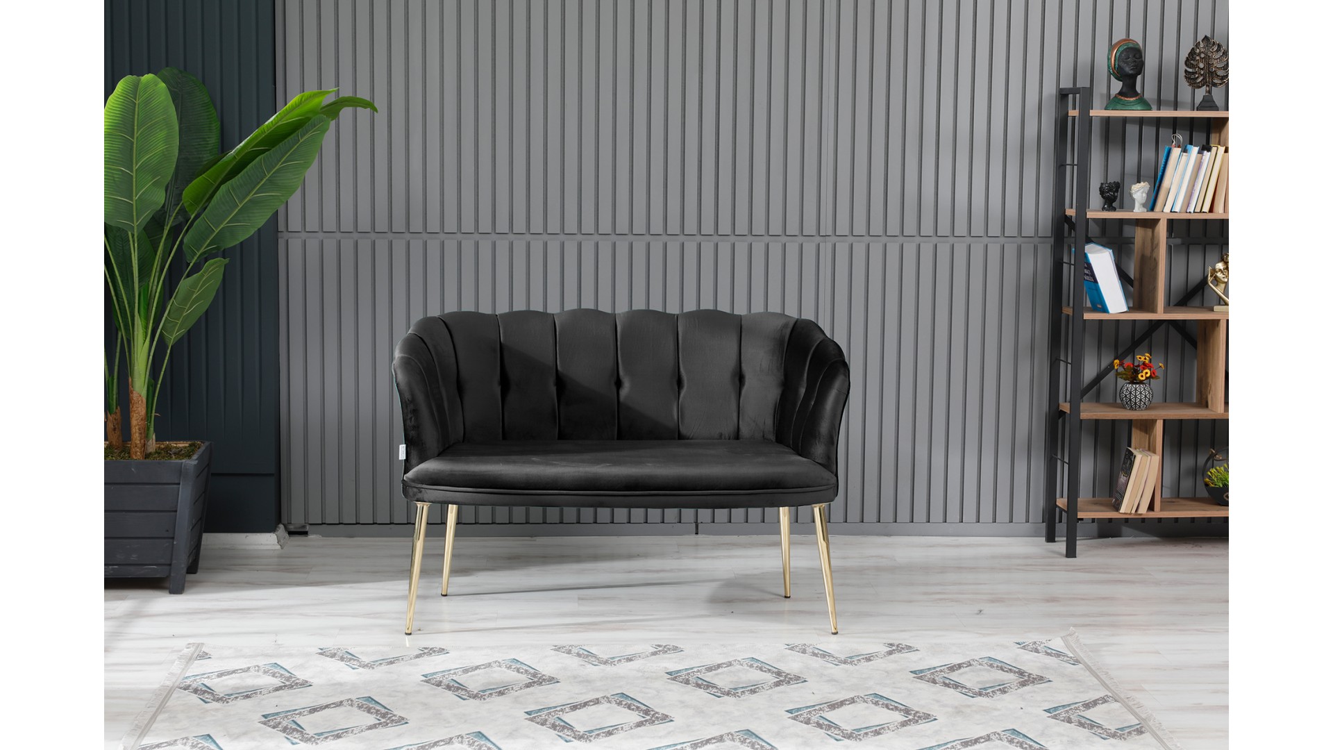 Papatya Çay Seti Koltuk Takımı Babyface Kumaş Gold Kaplama Metal Ayak Siyah