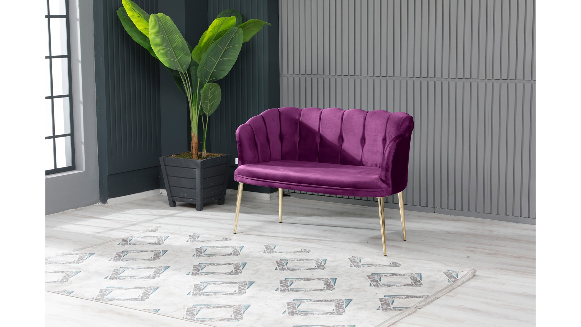 Papatya Çay Seti Koltuk Takımı Babyface Kumaş Gold Kaplama Metal Ayak Mürdüm