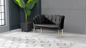 Papatya Çay Seti Koltuk Takımı Babyface Kumaş Gold Kaplama Metal Ayak Siyah