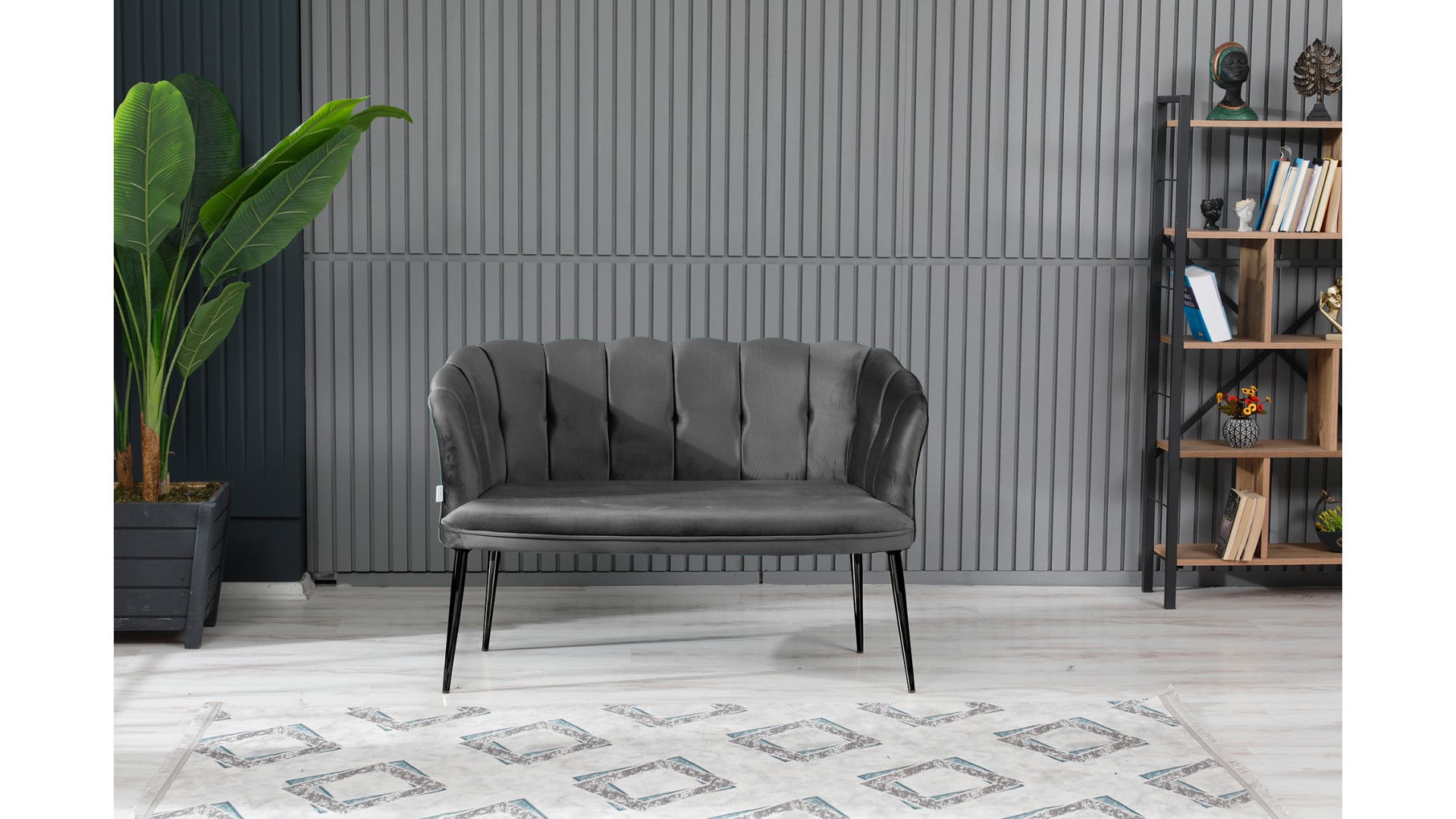 Papatya Çay Seti Koltuk Takımı Babyface Kumaş Siyah Metal Ayak Füme