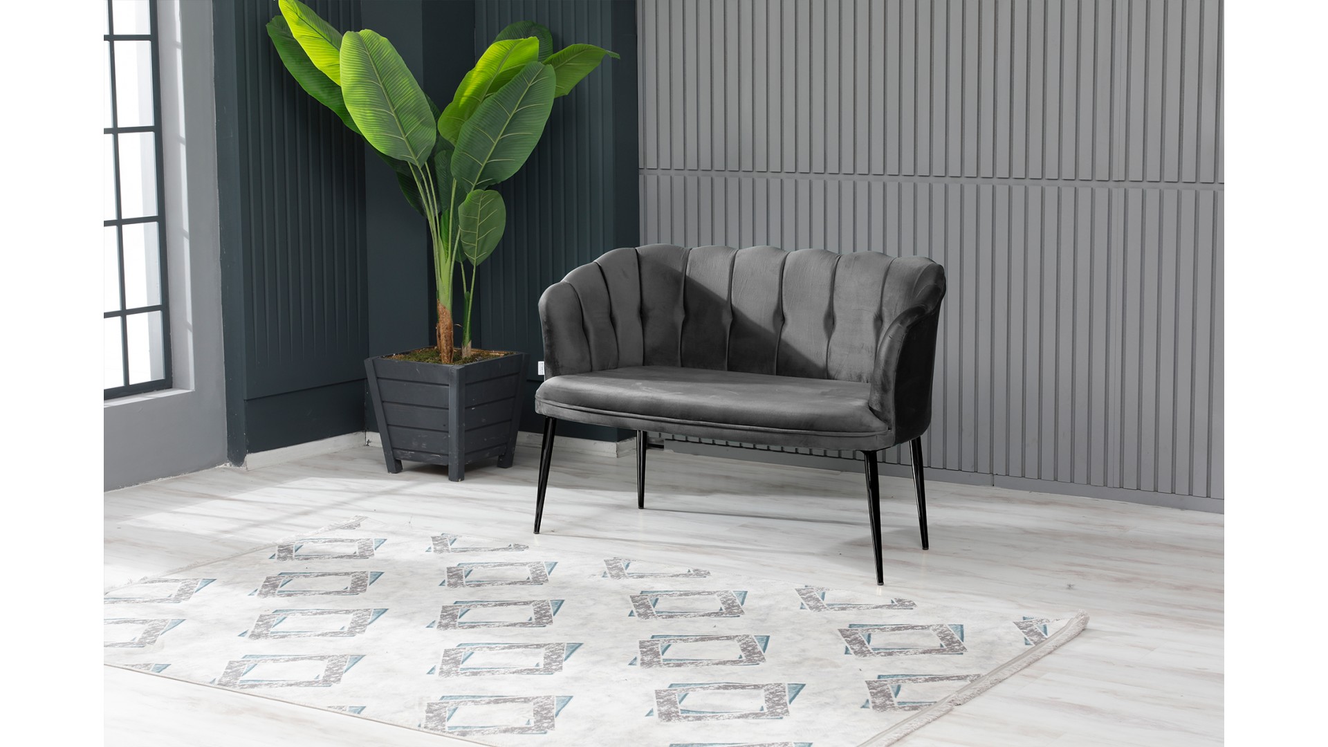 Papatya Çay Seti Koltuk Takımı Babyface Kumaş Siyah Metal Ayak Füme