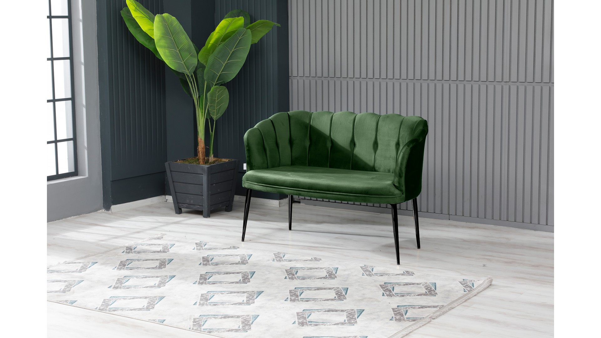 Papatya Çay Seti Koltuk Takımı Babyface Kumaş Siyah Metal Ayak Yaşil