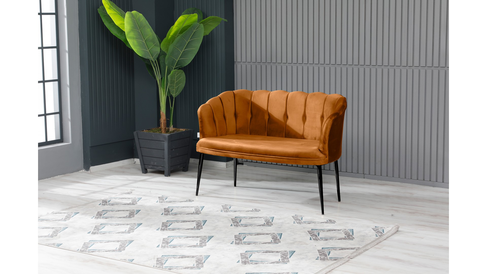 Papatya Çay Seti Koltuk Takımı Babyface Kumaş Siyah Metal Ayak Kiremit