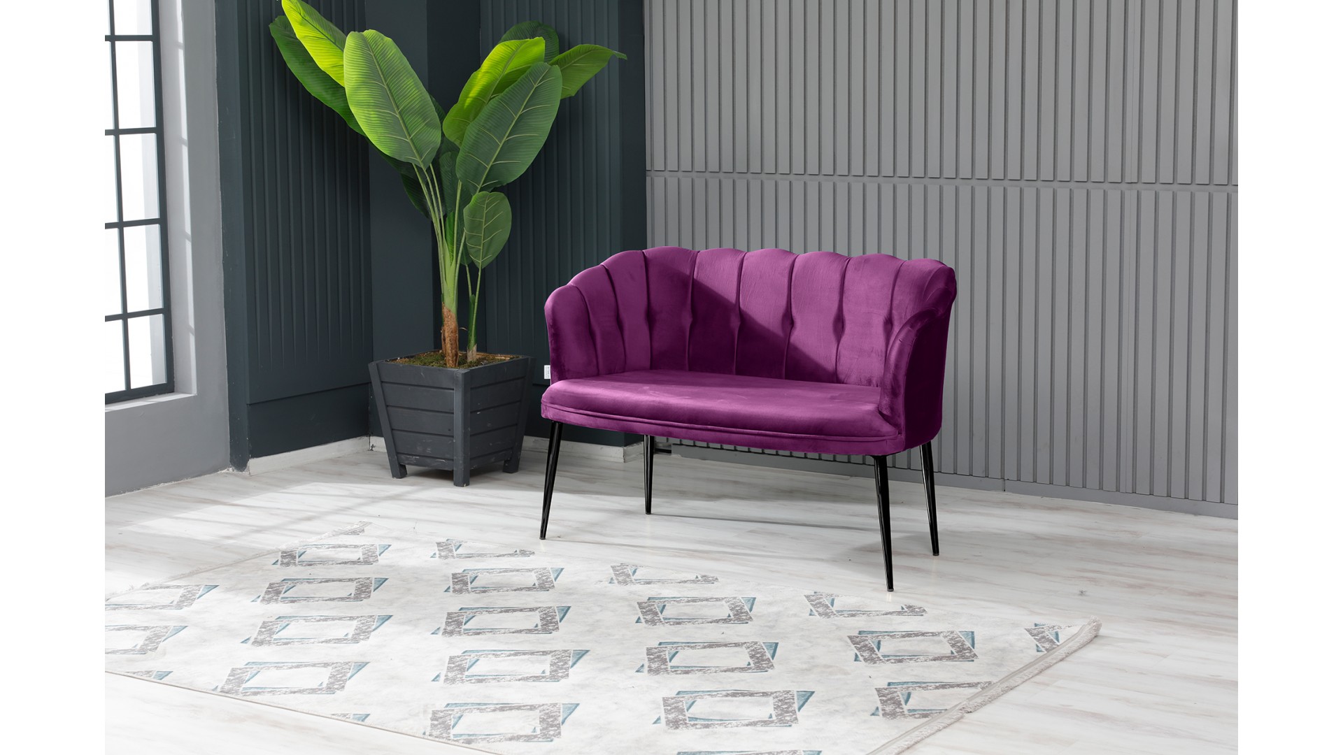 Papatya Çay Seti Koltuk Takımı Babyface Kumaş Siyah Metal Ayak Mürdüm