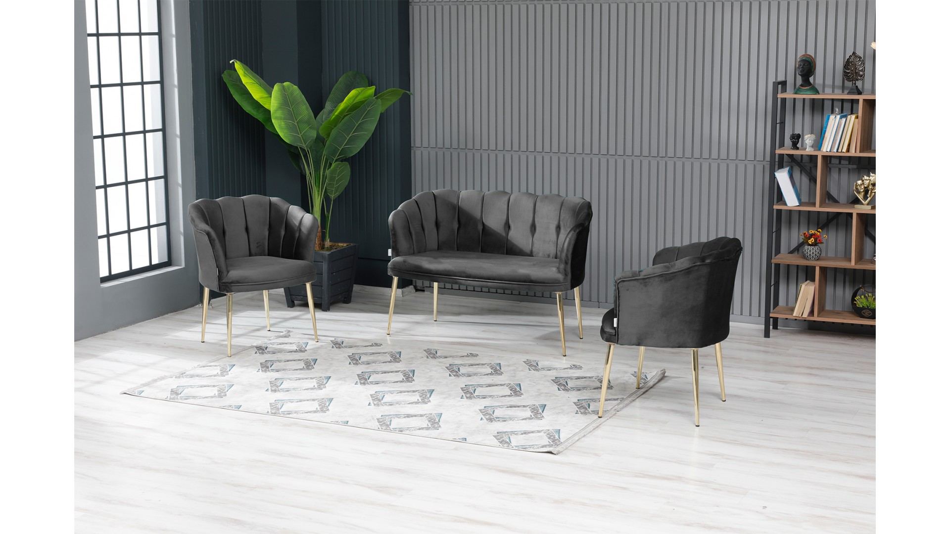 Papatya Çay Seti Koltuk Takımı Babyface Kumaş Gold Kaplama Metal Ayak Kahve