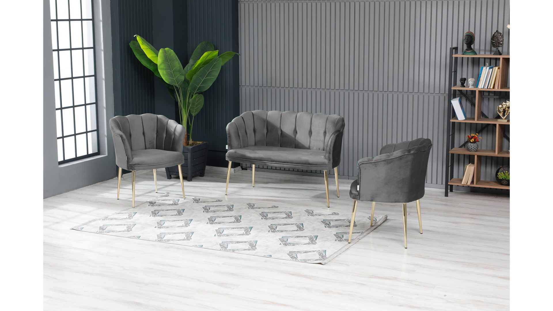 Papatya Çay Seti Koltuk Takımı Babyface Kumaş Gold Kaplama Metal Ayak Füme