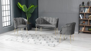 Papatya Çay Seti Koltuk Takımı Babyface Kumaş Gold Kaplama Metal Ayak Füme