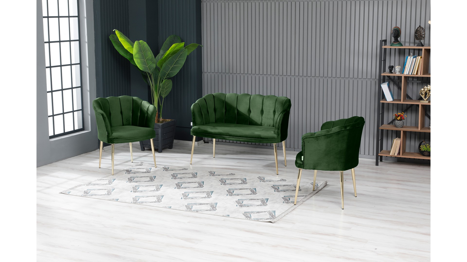 Papatya Çay Seti Koltuk Takımı Babyface Kumaş Gold Kaplama Metal Ayak Yaşil