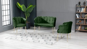 Papatya Çay Seti Koltuk Takımı Babyface Kumaş Gold Kaplama Metal Ayak Yaşil