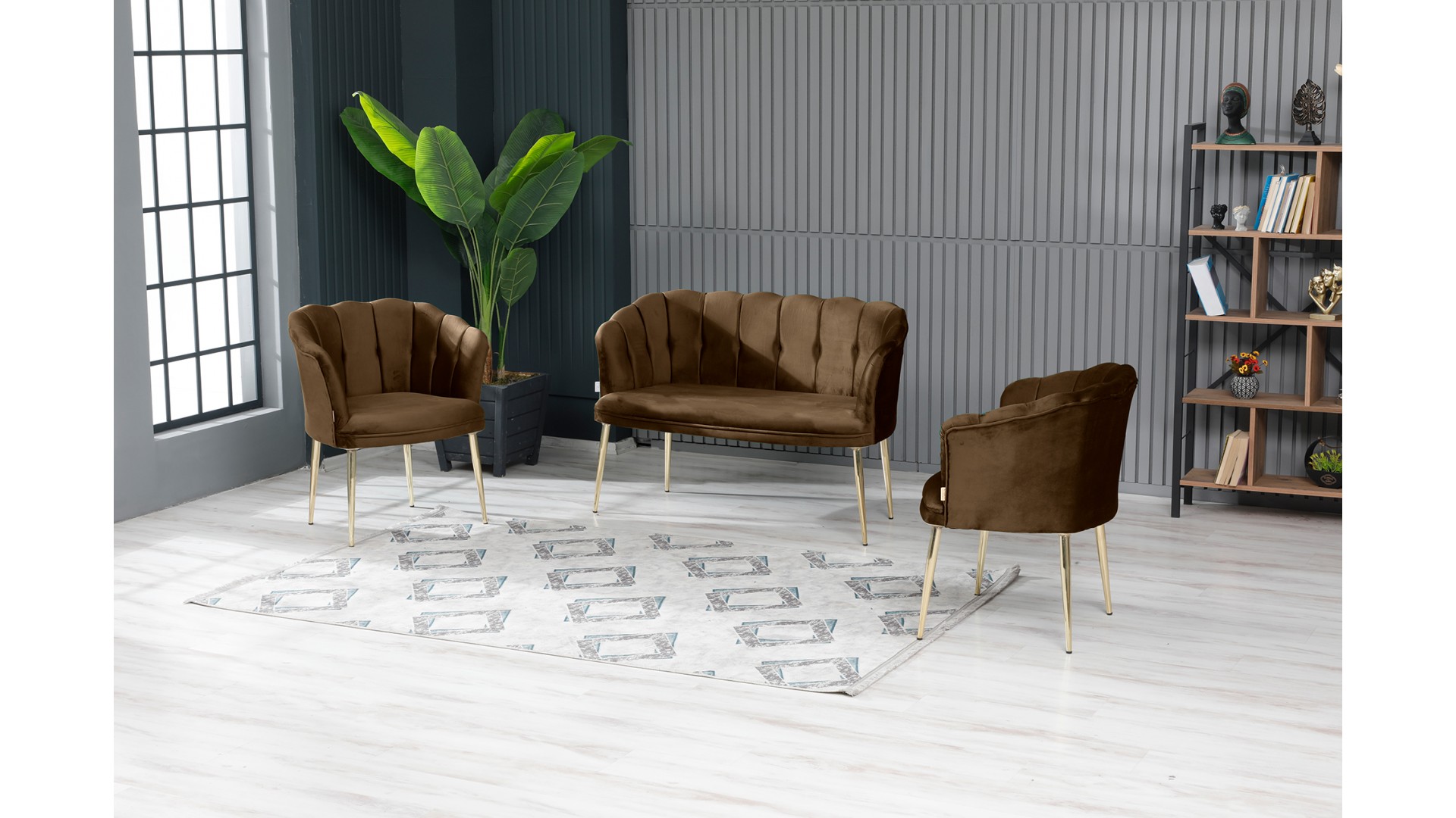 Papatya Çay Seti Koltuk Takımı Babyface Kumaş Gold Kaplama Metal Ayak Kahve