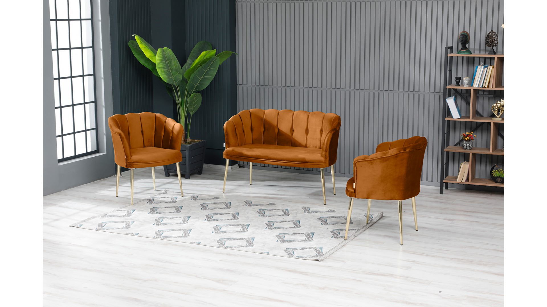 Papatya Çay Seti Koltuk Takımı Babyface Kumaş Gold Kaplama Metal Ayak Kiremit