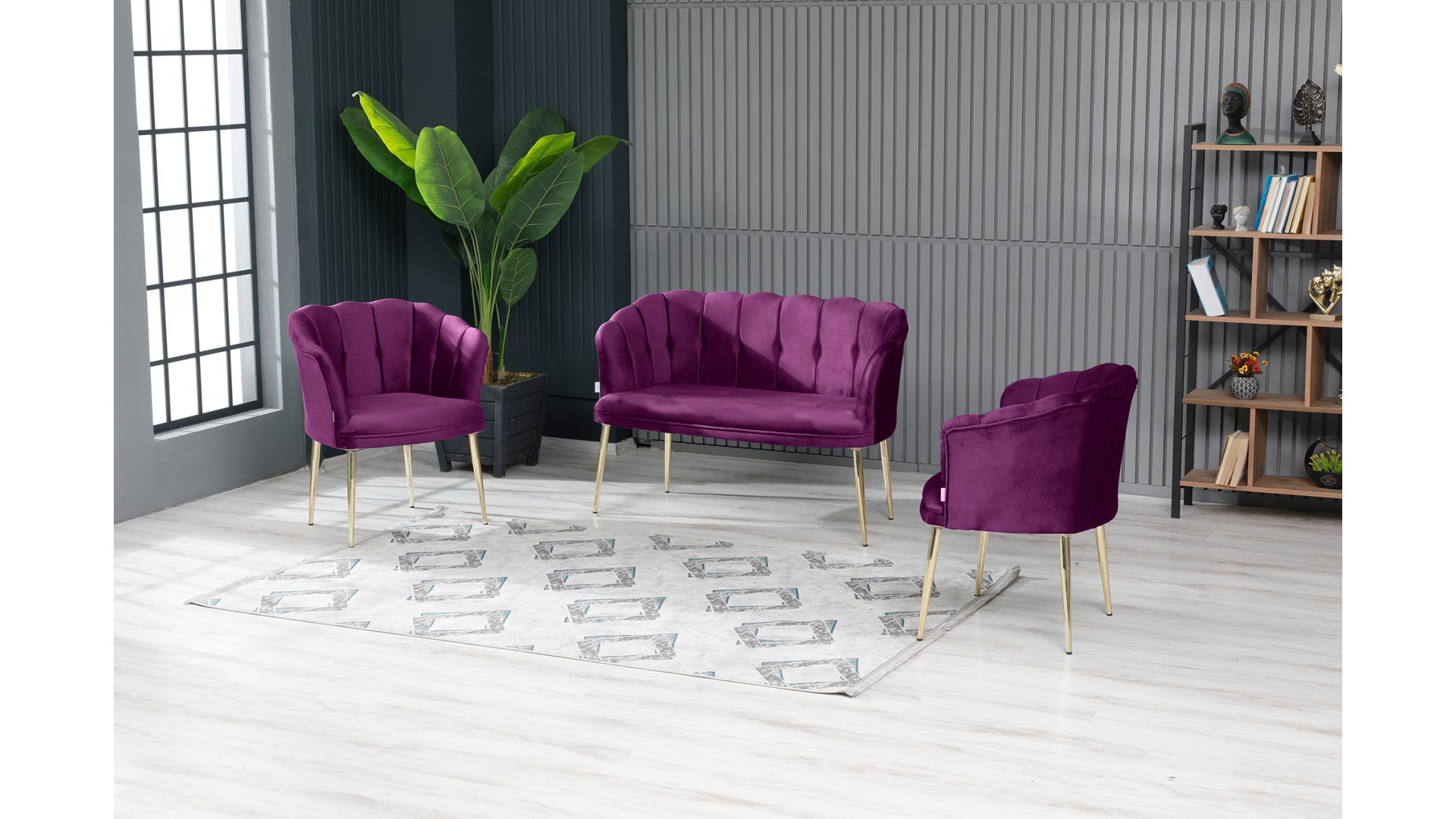 Papatya Çay Seti Koltuk Takımı Babyface Kumaş Gold Kaplama Metal Ayak Mürdüm