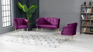 Papatya Çay Seti Koltuk Takımı Babyface Kumaş Gold Kaplama Metal Ayak Mürdüm