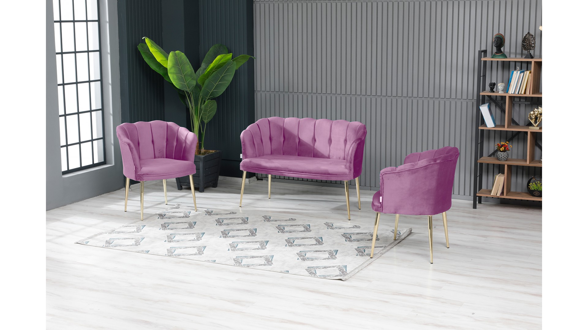 Papatya Çay Seti Koltuk Takımı Babyface Kumaş Gold Kaplama Metal Ayak Pembe