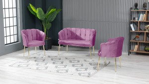 Papatya Çay Seti Koltuk Takımı Babyface Kumaş Gold Kaplama Metal Ayak Pembe