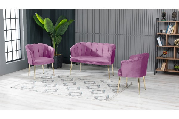 Papatya Çay Seti Koltuk Takımı Babyface Kumaş Gold Kaplama Metal Ayak Pembe