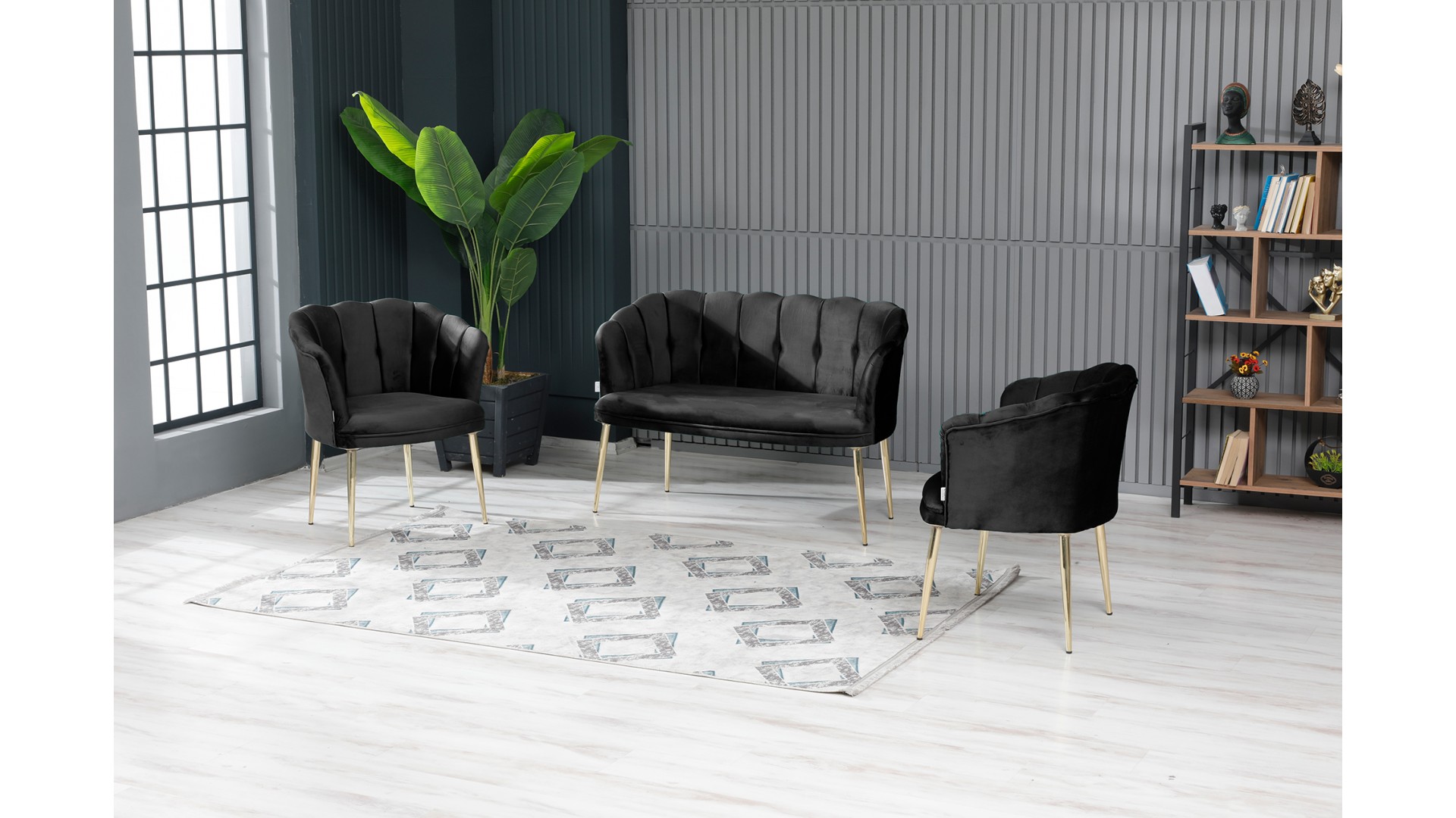 Papatya Çay Seti Koltuk Takımı Babyface Kumaş Gold Kaplama Metal Ayak Siyah