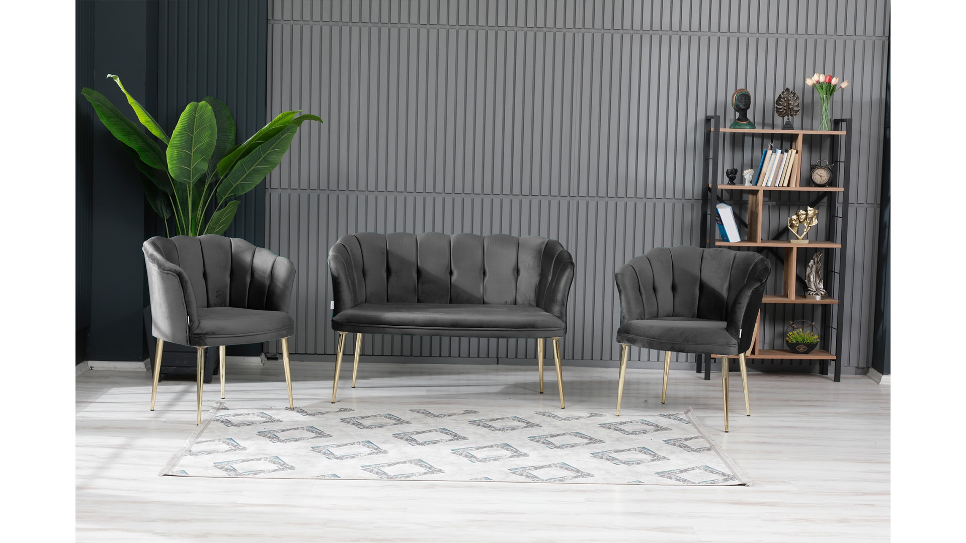 Papatya Çay Seti Koltuk Takımı Babyface Kumaş Gold Kaplama Metal Ayak Kahve