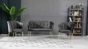 Papatya Çay Seti Koltuk Takımı Babyface Kumaş Gold Kaplama Metal Ayak Kahve